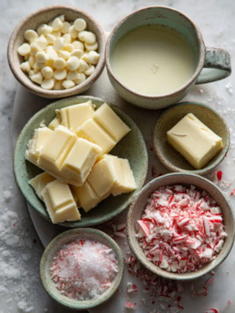 Flat lay of white chocolate chips, condensed milk, butter, peppermint extract, and crushed candy canes arranged neatly on a marble countertop.
