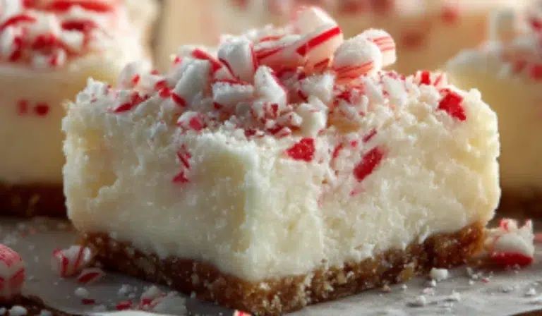 Close-up of creamy white peppermint fudge squares topped with crushed candy canes on a parchment tray.
