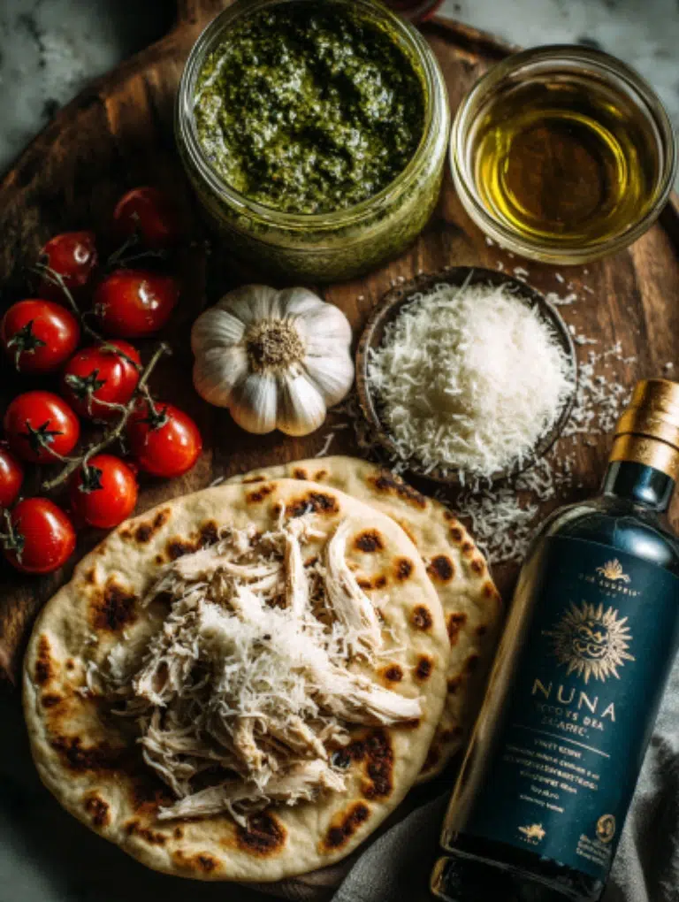 Flat lay of pesto chicken flatbread ingredients on a marble surface naan, basil pesto, shredded chicken, mozzarella, Parmesan, roasted garlic, cherry tomatoes, and olive oil.