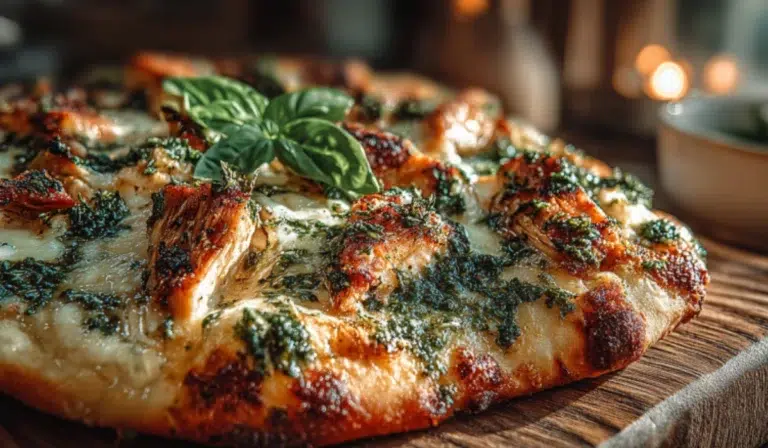 Overhead view of golden pesto chicken flatbread pieces neatly arranged in a white bowl with melted mozzarella, Parmesan, and fresh basil leaves.