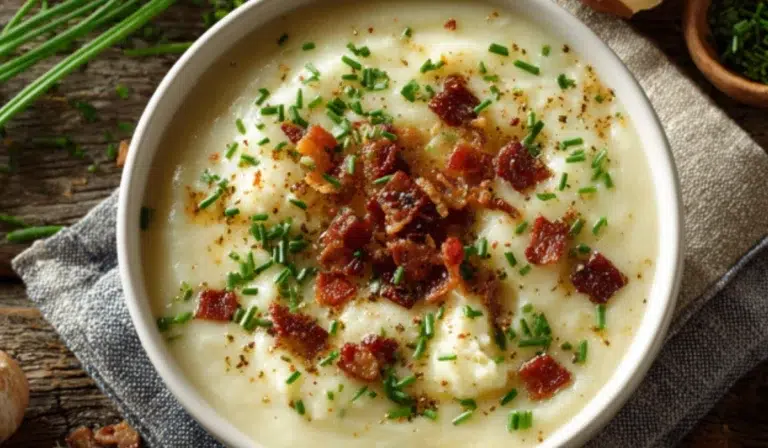 Overhead shot of creamy potato leek soup in a white bowl topped with chives and bacon bits on a rustic wooden table.