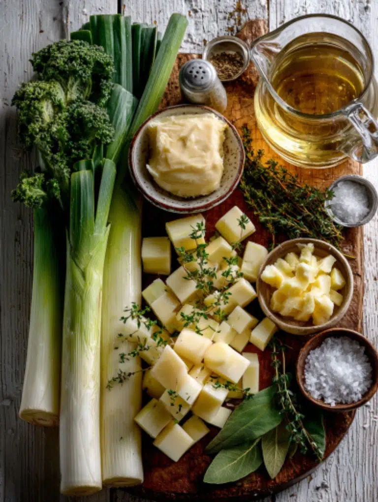 Top-down view of fresh ingredients for potato leek soup: leeks, Yukon Gold potatoes, butter, thyme, parsley, bay leaf, and broth arranged neatly on a wooden surface.