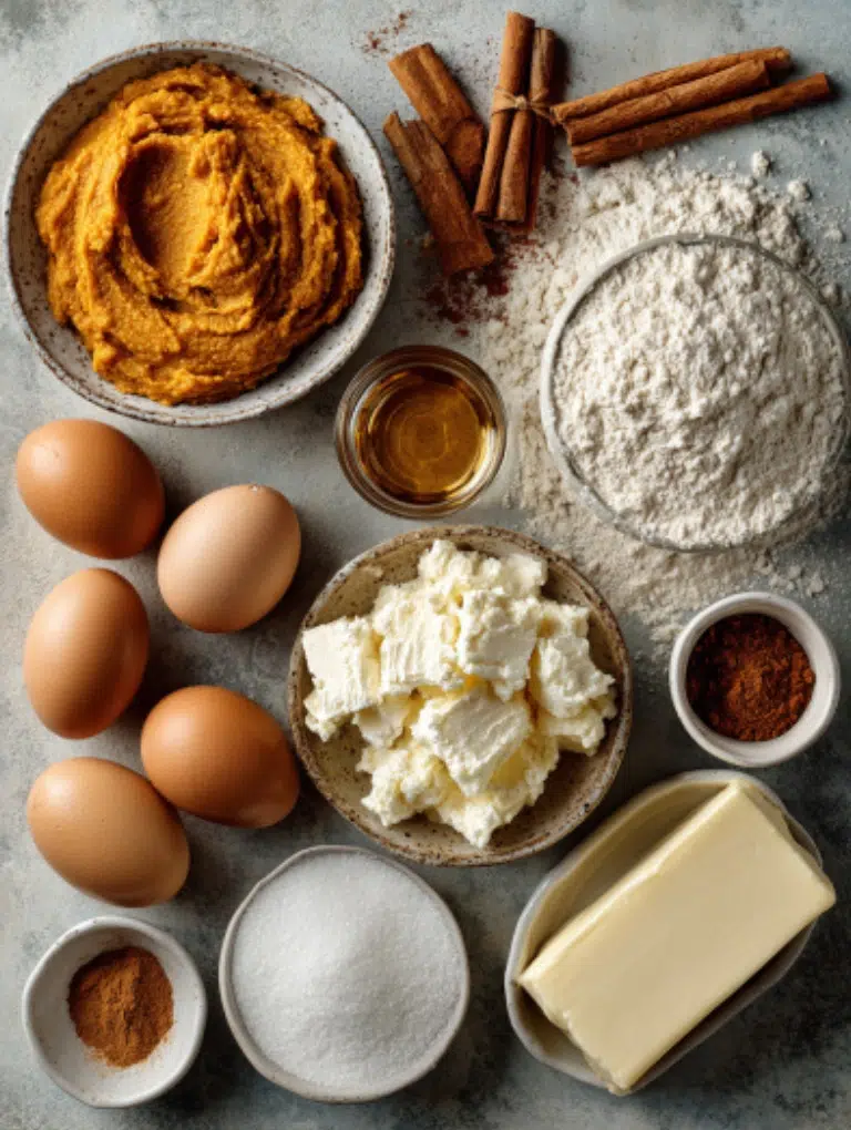 Flat lay of pumpkin bar ingredients including pumpkin puree, flour, eggs, cinnamon, sugar, and cream cheese arranged on a marble surface.