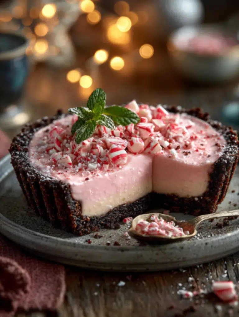 Slices of peppermint pie served on white plates with candy cane crumbs and whipped cream, surrounded by Christmas decorations.