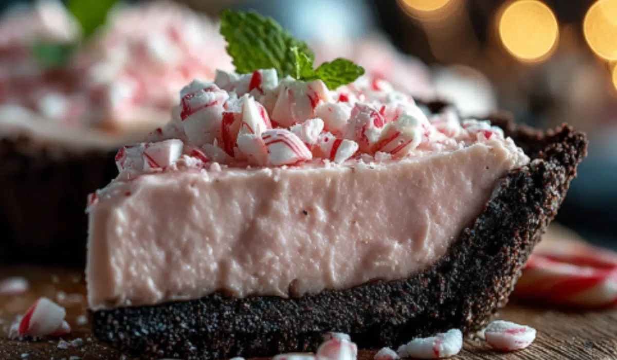 Top-down view of a Christmas peppermint pie in a white bowl with crushed candy canes on top, arranged neatly on a marble background.