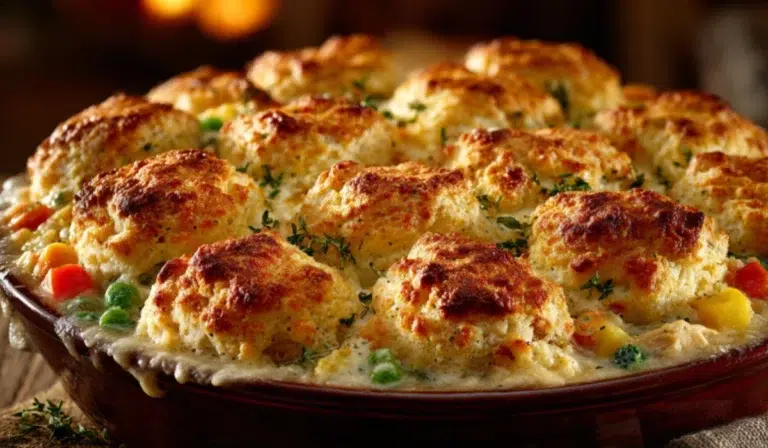 Golden Red Lobster Biscuit Chicken Pot Pie with bubbling creamy filling and flaky Cheddar Bay biscuit topping on rustic wooden table.