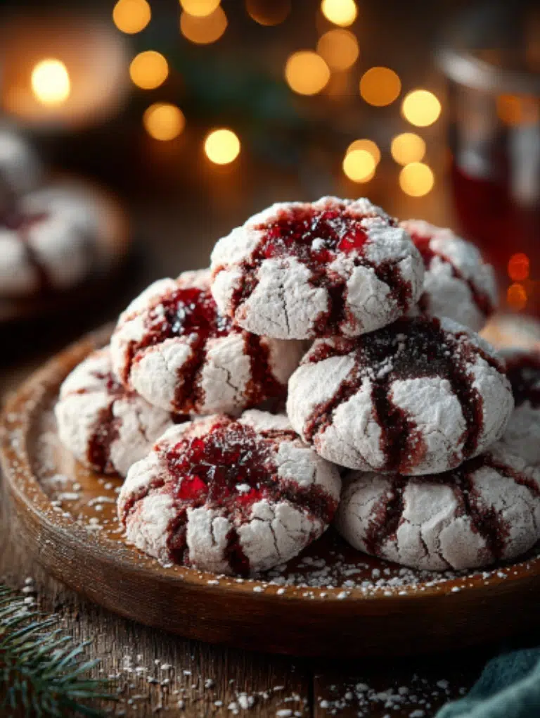 Festive platter of red velvet crinkle cookies, with some wrapped in clear gift bags tied with red ribbons beside mugs of hot cocoa.