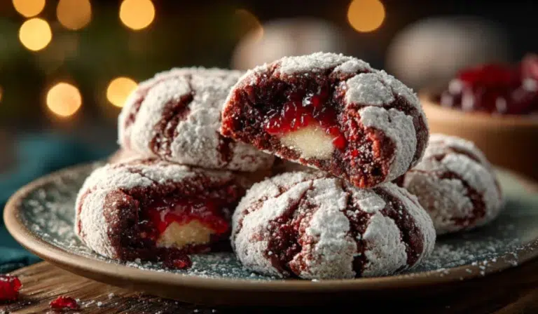 A plate stacked with red velvet crinkle cookies, ruby-red centers peeking through powdered sugar cracks on a rustic wooden table.