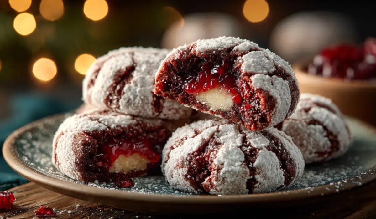 A plate stacked with red velvet crinkle cookies, ruby-red centers peeking through powdered sugar cracks on a rustic wooden table.