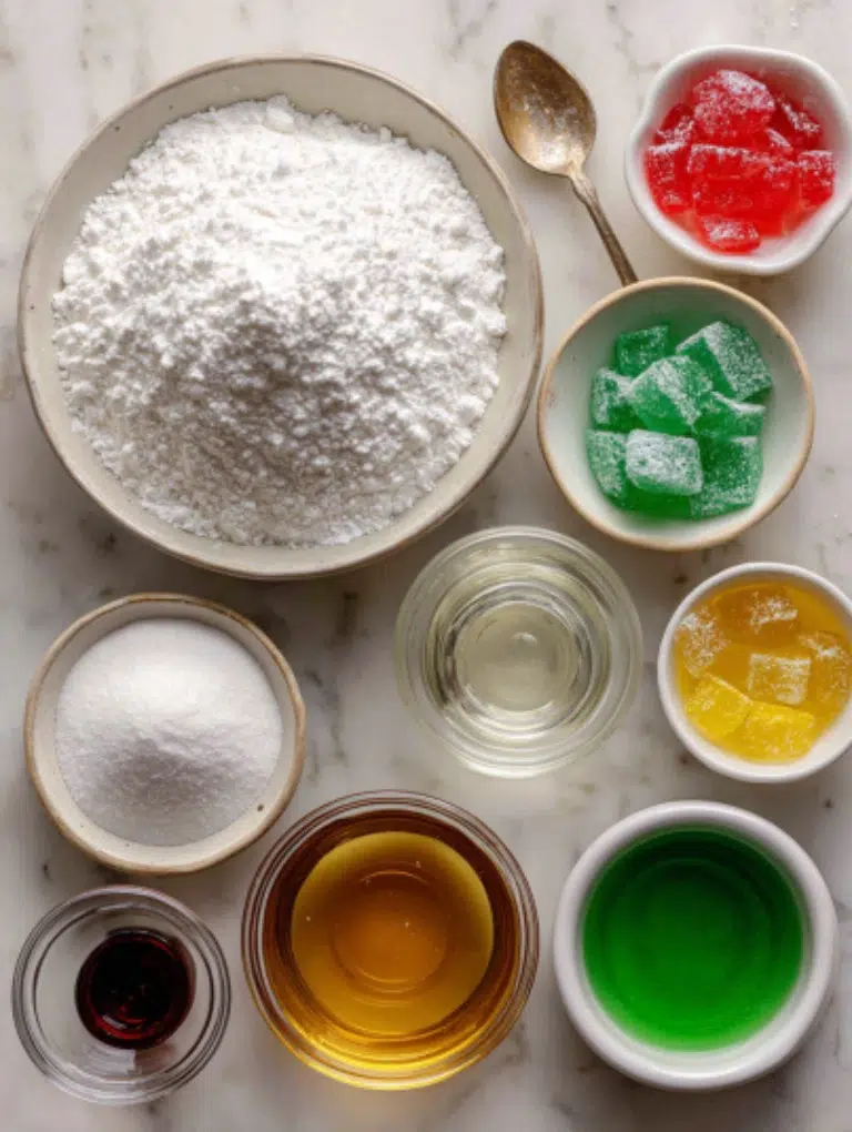 Flat-lay of royal icing ingredients in a white bowl and small dishes confectioners’ sugar, meringue powder, vanilla extract, water, and gel food coloring.