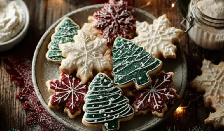 Top-down view of decorated Christmas cookies with red, white, and green royal icing on a rustic wooden table beside a white bowl of icing ingredients.