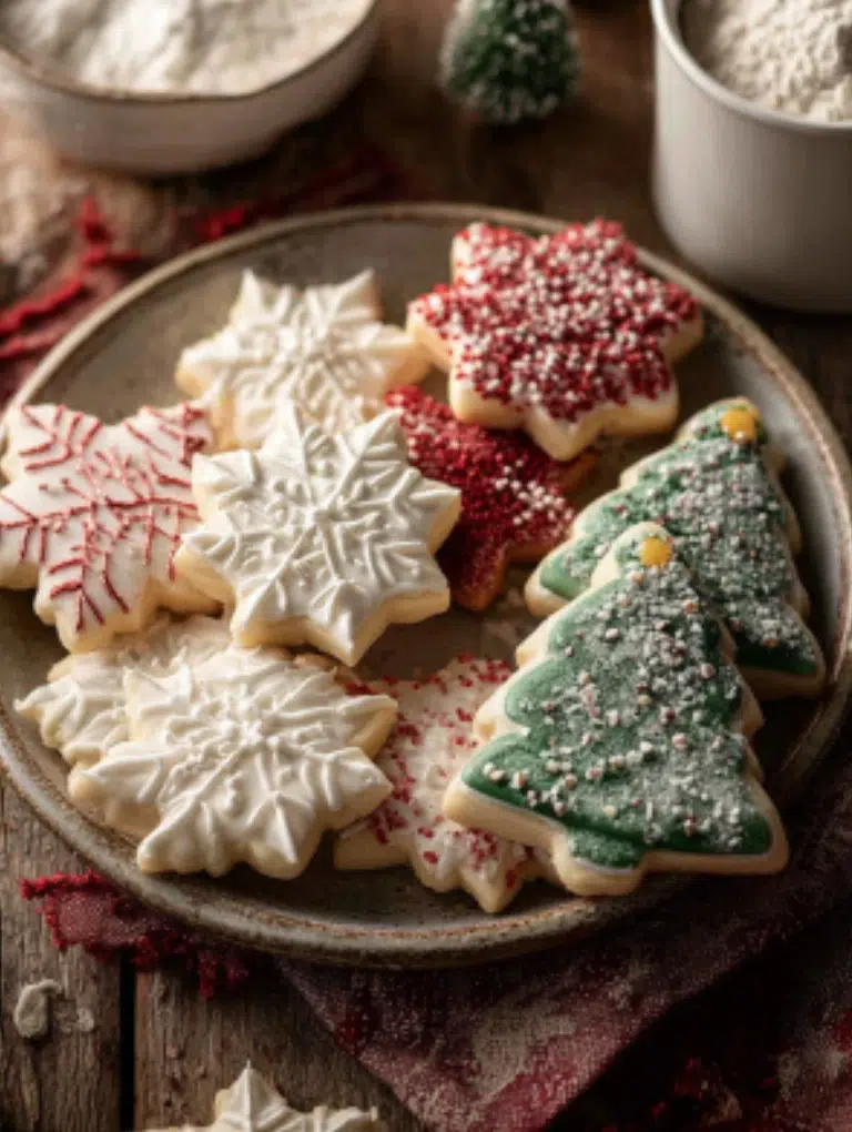 Plate of royal icing Christmas cookies in festive shapes, wrapped for gifting with ribbons beside a mug of hot cocoa.