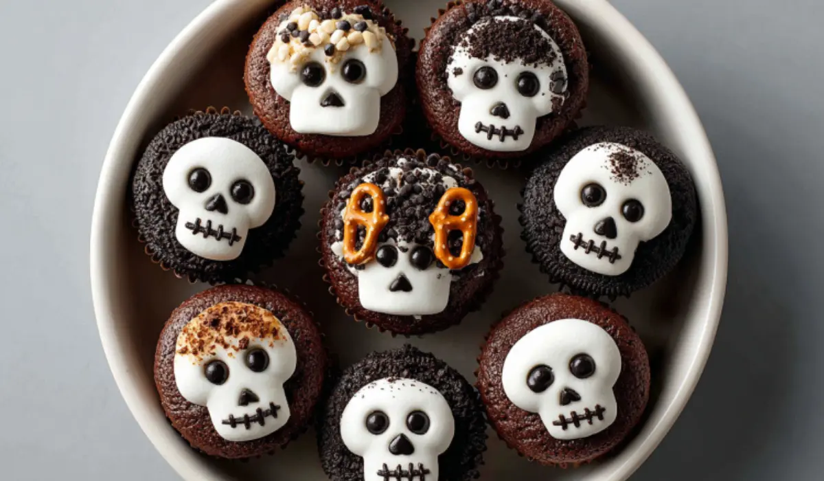 Top-down photo of Skeleton Cupcakes arranged in a white bowl, decorated with marshmallow and pretzel skeletons on chocolate frosting with Oreo crumbs.