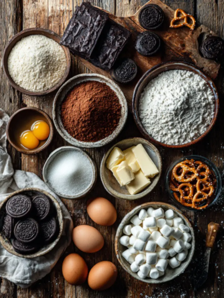 Flat lay of baking ingredients for Skeleton Cupcakes including flour, cocoa, eggs, sugar, butter, vanilla, pretzels, marshmallows, and Oreos on a rustic wooden surface.