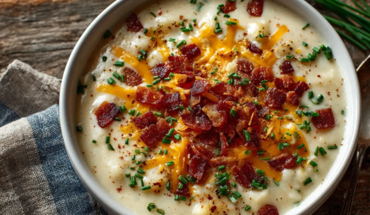 Overhead shot of creamy slow cooker potato soup in a white bowl topped with bacon, cheddar cheese, and chives on a rustic wooden table.