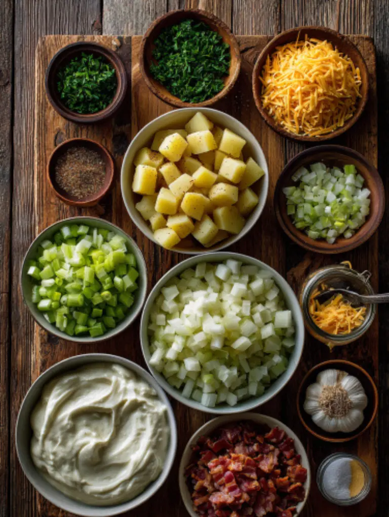 Flat lay of neatly arranged ingredients for slow cooker potato soup including diced potatoes, onions, celery, garlic, bacon, cream, cheddar, and herbs.