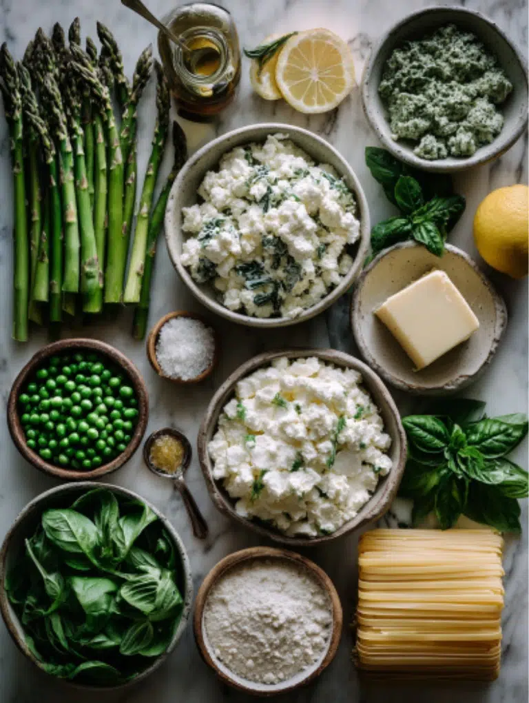 Flat lay of spring lasagna ingredients including asparagus, peas, leeks, spinach, ricotta, milk, butter, flour, and lasagna noodles on a white background.