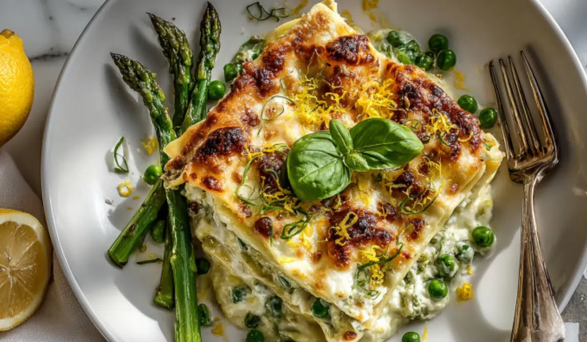 Overhead photo of spring vegetable white lasagna served in a white bowl, topped with golden melted cheese, asparagus, peas, and fresh basil.