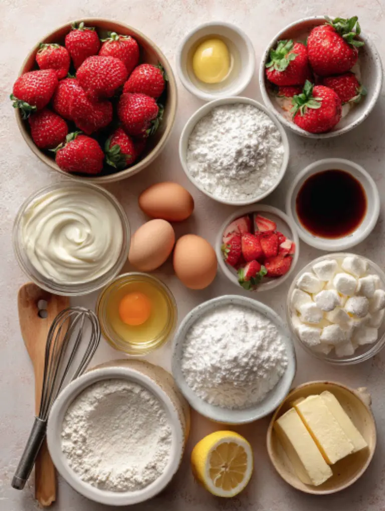 Flat lay of ingredients for strawberry shortcake sushi rolls including strawberries, flour, eggs, sugar, cream, and vanilla on a white surface.