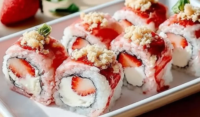 Overhead view of strawberry shortcake sushi rolls neatly arranged in a white bowl with fresh strawberry centers and whipped cream filling.