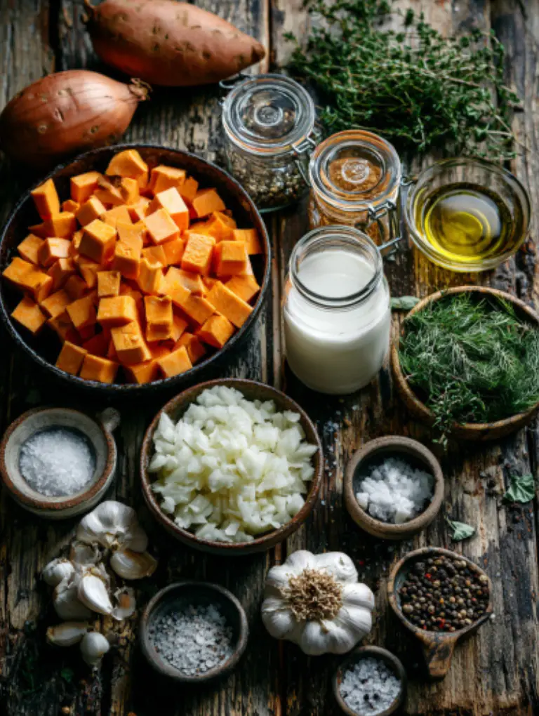 Flat lay of sweet potato soup ingredients including cubed sweet potatoes, onions, garlic, coconut milk, and cream, neatly arranged in white bowls on a wooden table.