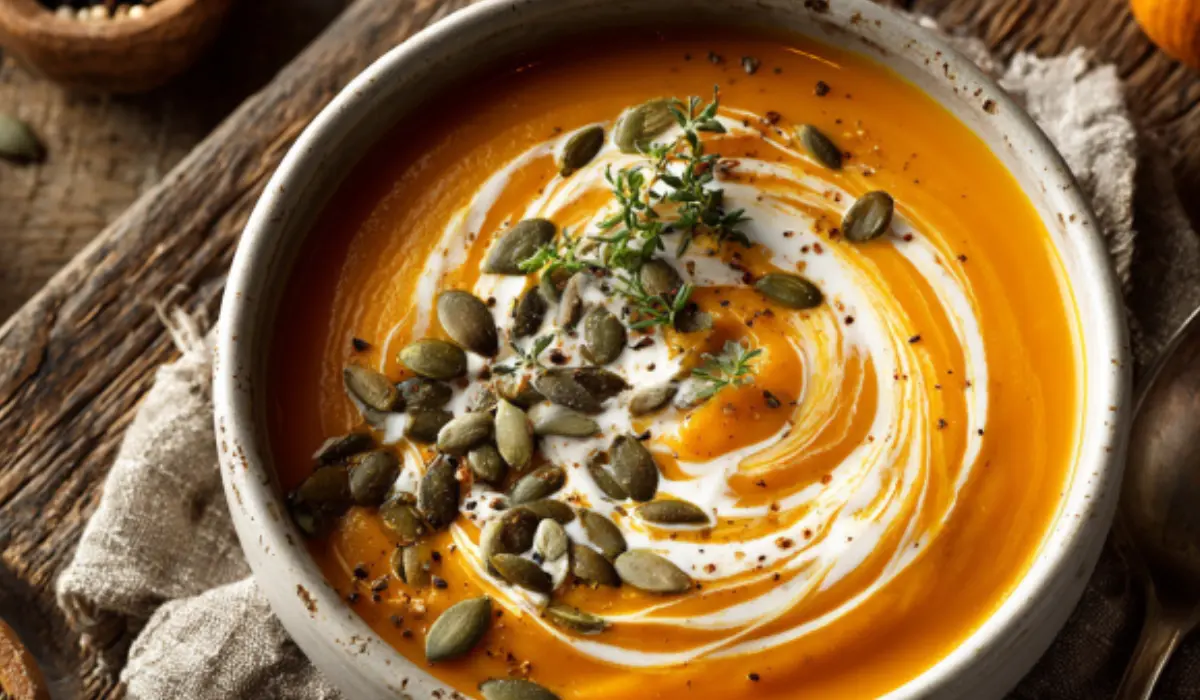 Creamy sweet potato soup in a white bowl topped with coconut cream and pumpkin seeds, photographed from above on a rustic wooden table.