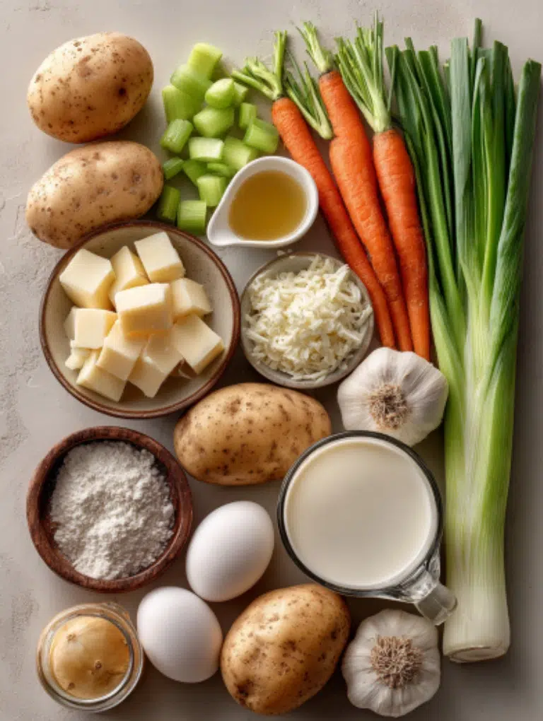 Flat lay of vegan potato soup ingredients russet potatoes, carrots, celery, onion, garlic, almond milk, olive oil, and chives neatly arranged on a white background.