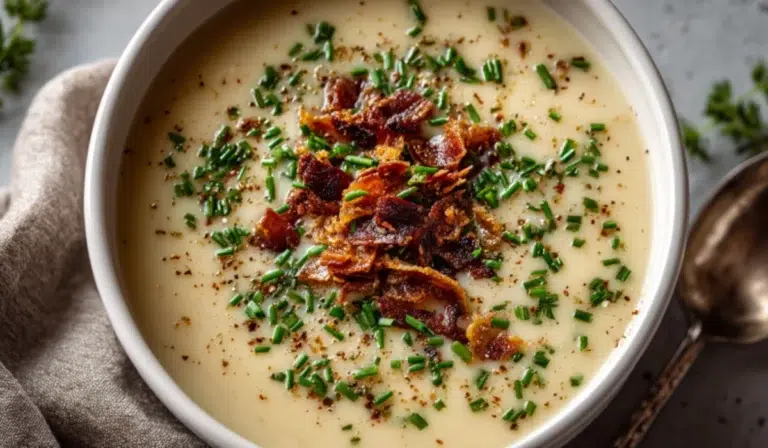 Overhead view of creamy vegan potato soup served in a white bowl, topped with chives and smoky tempeh bacon, on a clean rustic wooden background.