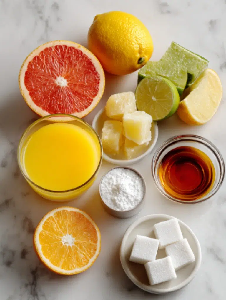 Flat lay of vitamin C gummy ingredients including orange juice, lemon, gelatin powder, vitamin C powder, and monkfruit sweetener on a marble surface.