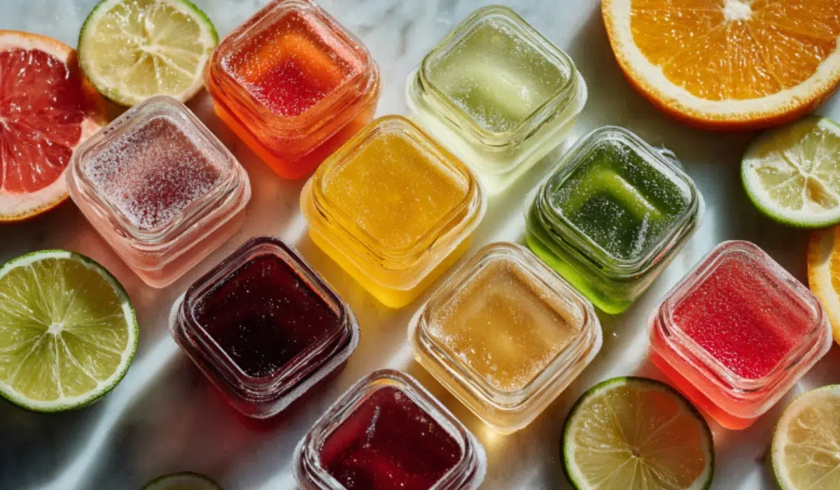 Homemade vitamin C gelatin gummies made with fresh orange juice and lemon, displayed in silicone molds with sliced citrus fruits on a white countertop.