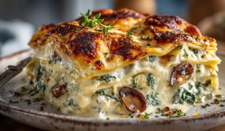 Creamy white sauce lasagna with golden melted cheese and layers of noodles, spinach, and béchamel on a rustic white plate.