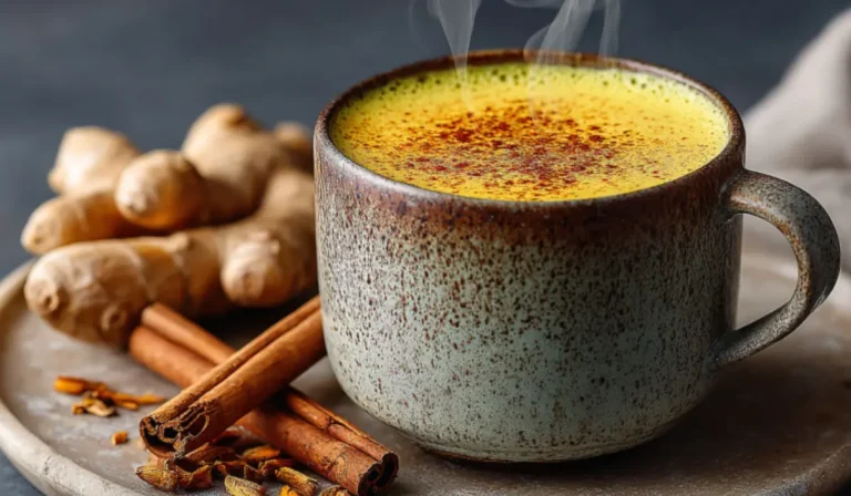 A warm mug of golden turmeric milk with cinnamon and ginger on a marble countertop, soft steam rising in cozy evening light.