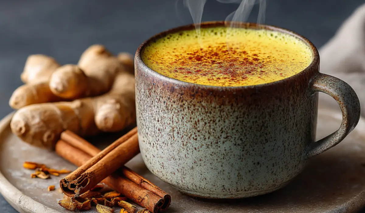 A warm mug of golden turmeric milk with cinnamon and ginger on a marble countertop, soft steam rising in cozy evening light.