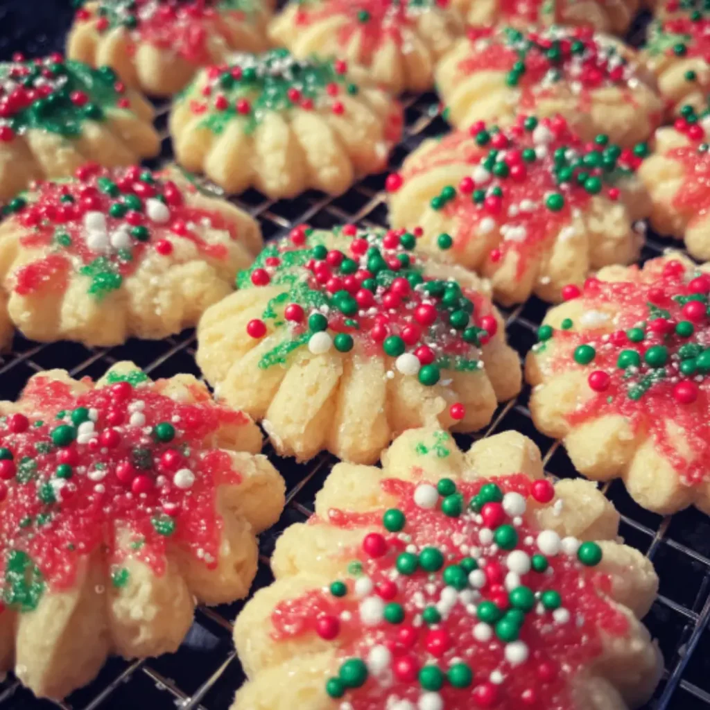 Freshly baked decorated sugar cookies served on a white plate over a gray kitchen countertop.
