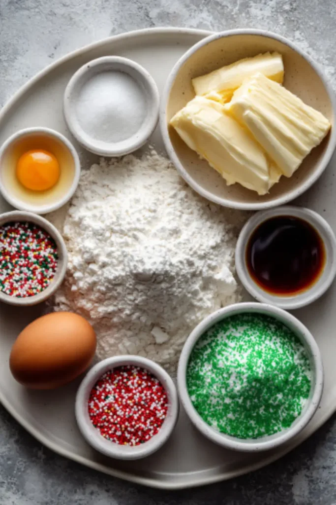 Baking ingredients displayed on a white plate over a gray kitchen countertop, including butter, sugar, flour, egg, extracts, gel colors, and sprinkles.