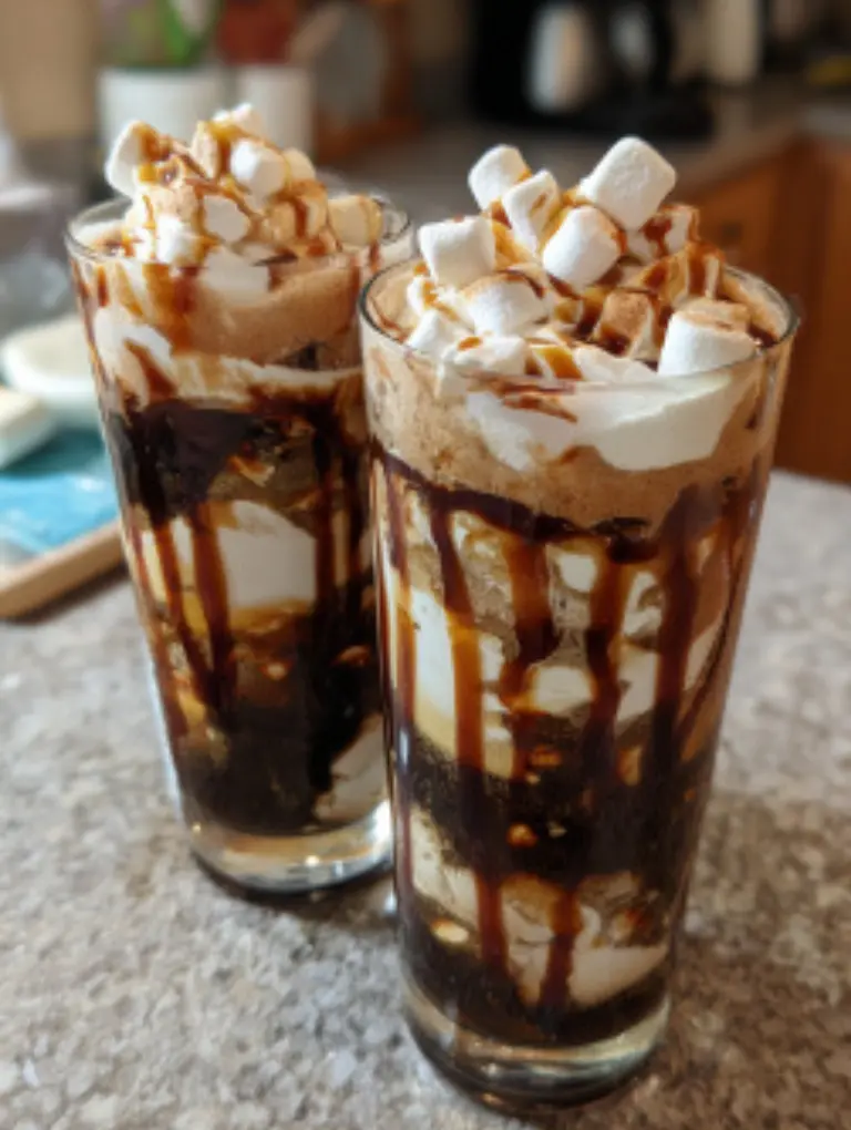 Flat lay of a finished Campfire Cola Dirty Soda topped with whipped cream and a toasted marshmallow skewer on a kitchen counter, surrounded by chocolate drizzle and a napkin.