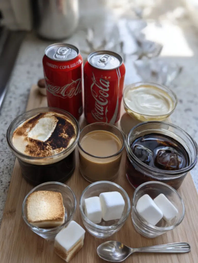 Flat lay of Campfire Cola Dirty Soda ingredients neatly arranged on a kitchen counter Coca-Cola can, toasted marshmallow syrup, chocolate syrup, heavy cream, condensed milk, ice cubes, and clear glasses.