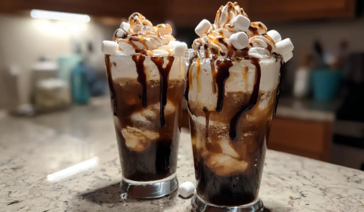 Flat lay of two tall glasses of Campfire Cola Dirty Soda on a kitchen counter with visible cream swirls, chocolate drizzle, and marshmallow syrup bottles nearby, photographed naturally with an iPhone 15 Pro.