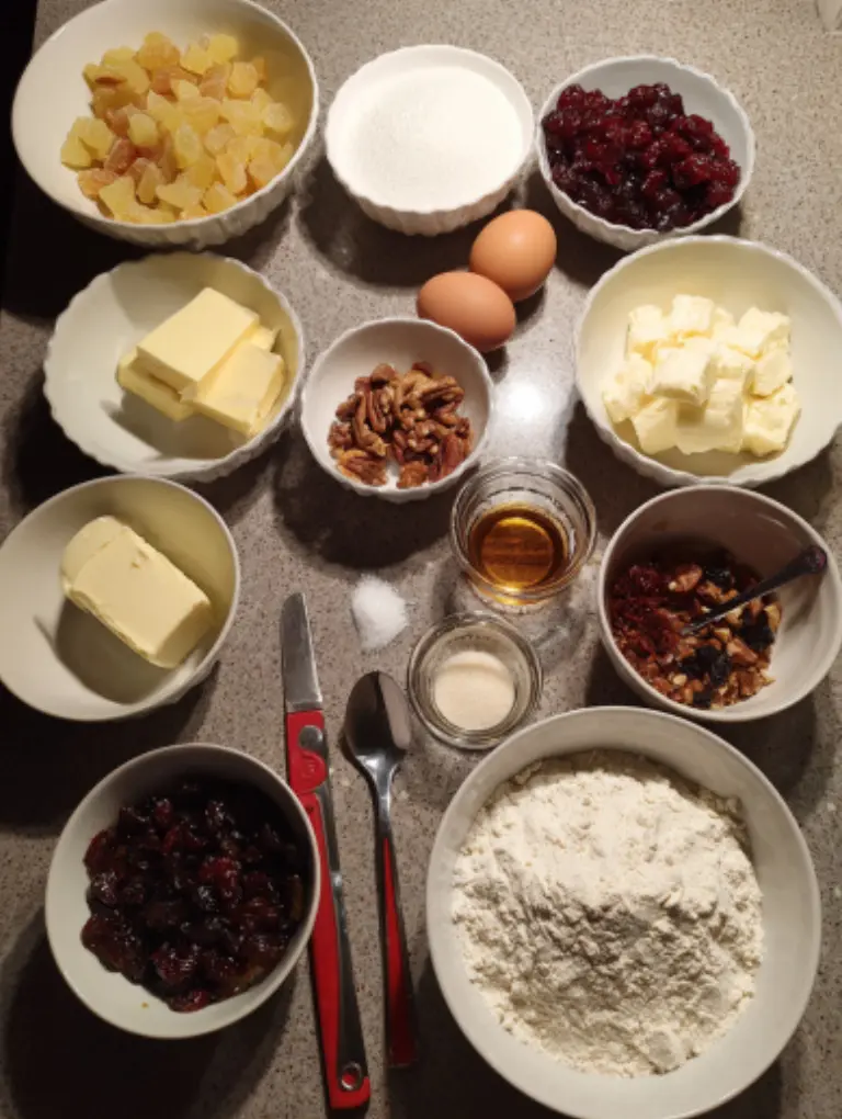 Flat lay of Christmas cake ingredients including dried fruits, butter, brown sugar, flour, eggs, and brandy on a kitchen counter