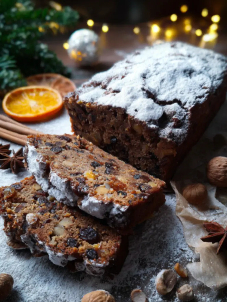Slice of homemade Christmas cake served on a plate with powdered sugar and dried orange slices