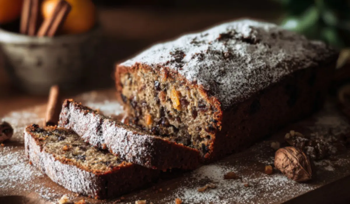 Homemade Christmas fruitcake sliced on a kitchen counter, showing dense spiced fruit and nuts, dusted with powdered sugar