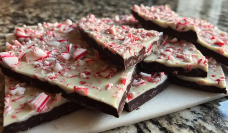 Flat lay of homemade Christmas peppermint bark with layers of white and milk chocolate topped with crushed candy canes on a kitchen counter.