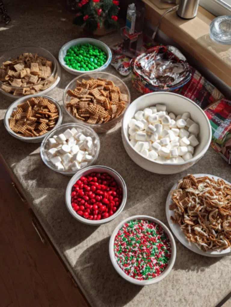 Flat lay of Christmas Chex Mix ingredients neatly arranged on a kitchen counter — bowls of Rice Chex, pretzels, marshmallows, M&M’s, almond bark, and sprinkles.