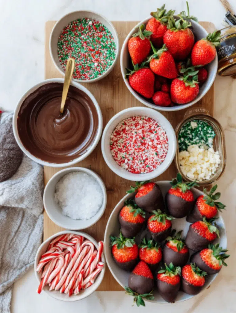 Flat-lay photo of ingredients for chocolate covered strawberries — fresh strawberries, bowls of dark and white chocolate, crushed candy canes, coconut oil, and holiday sprinkles arranged neatly on a kitchen counter.