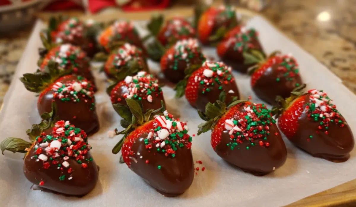 Christmas chocolate covered strawberries arranged neatly on parchment paper, coated in glossy dark and white chocolate with red and green sprinkles, photographed on a real kitchen counter with natural light.