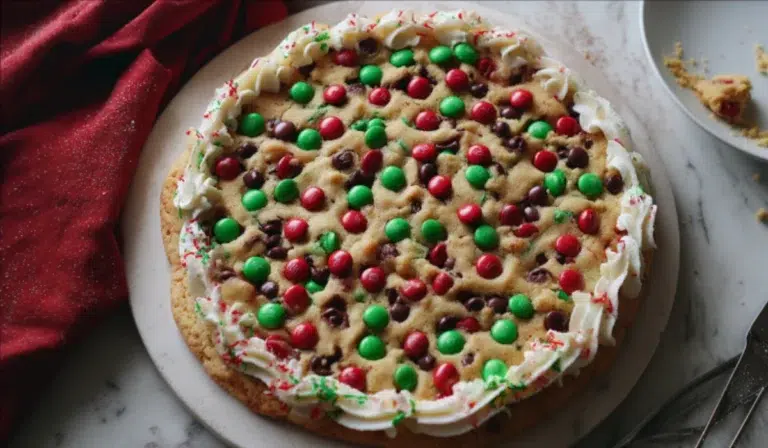Giant Christmas cookie cake topped with red and green M&M’s and chocolate chips, decorated with a frosting border on a kitchen counter.
