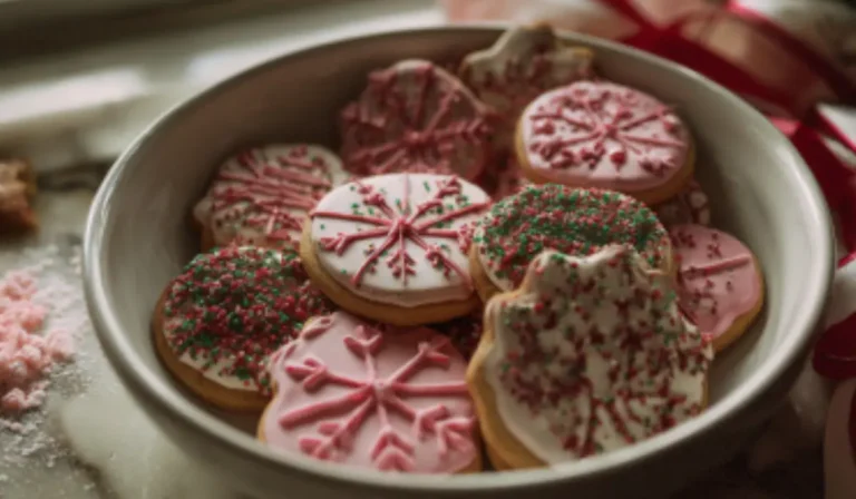 Flat lay photo of homemade Christmas cookie ornaments arranged neatly in a white ceramic bowl on a kitchen counter, surrounded by ribbons and crushed candy pieces.