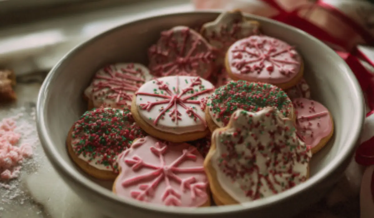 Flat lay photo of homemade Christmas cookie ornaments arranged neatly in a white ceramic bowl on a kitchen counter, surrounded by ribbons and crushed candy pieces.