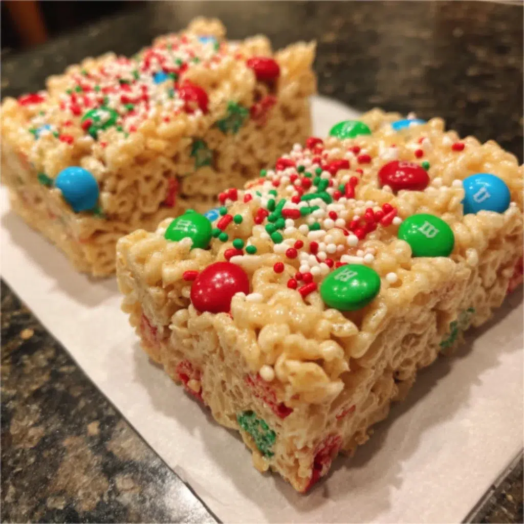 Stacked Christmas Rice Krispies treats on a plate with red and green M&Ms and sprinkles, ready to serve