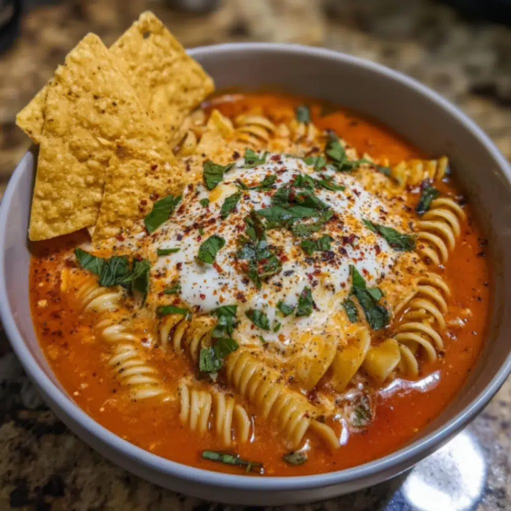 Bowl of Christmas soup with tricolor pasta, vegetables, and herbs, served with a spoon